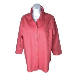 Liz Baker Blouse Large Size Shirt Women Petite Pink 3/4 Sleeve Button Up Pocket